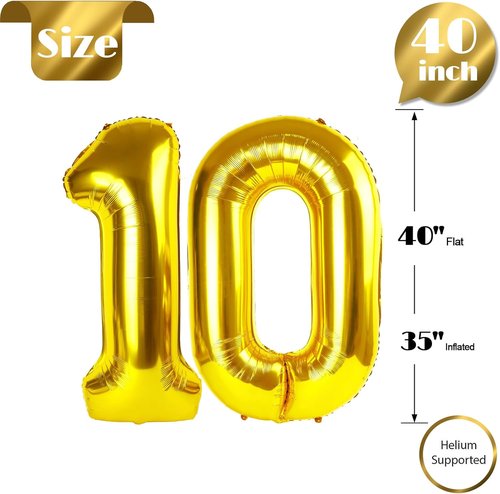 Gold Number 10 Balloon - 40 Inch Golden Birthday Decoration for 10th Year Celebration