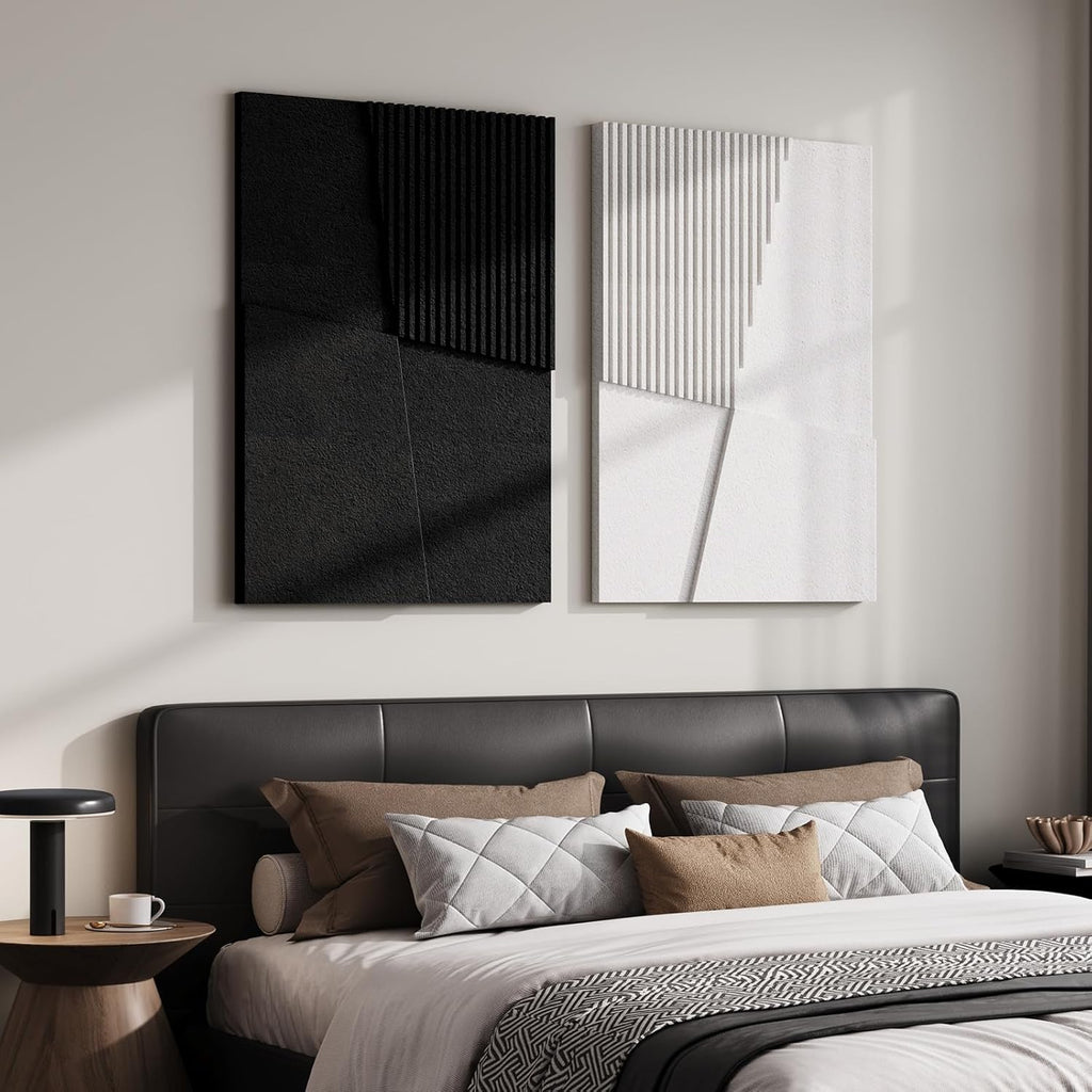 Skiennix 3D Textured Black and White Abstract Wall Art - Modern Geometric Paintings, 24x36 In, 2 Piece Set