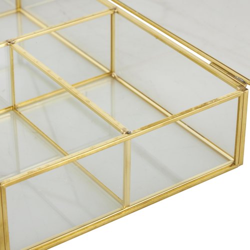 Deco 79 Glass Decorative Jewelry Box 3 Slot Jewelry Organizer with Gold Metal Frame and Chain Accent, Jewelry Holder 10" x 7" x 2", Clear