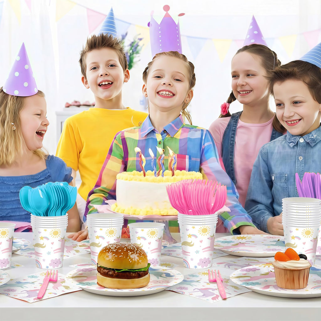 168PCS Unicorn Party Supplies Pastel Rainbow Unicorn Birthday Decorations Kit Sun Cloud Paper Plates Napkin Cups Forks Knives Favors for 24 Guests