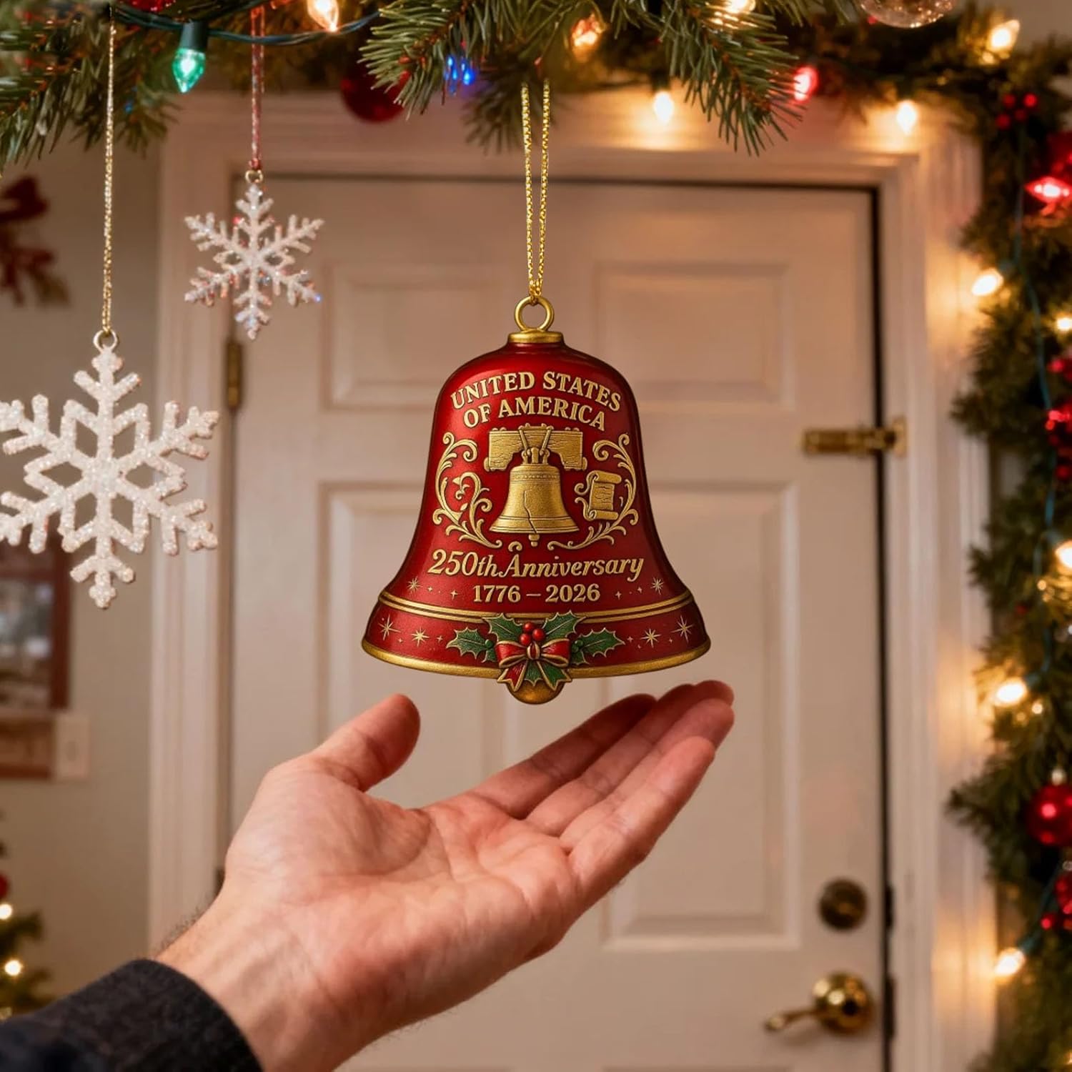 USA 250th Anniversary Bell Ornament - 3D Vintage-Style Metal Decor for Patriotic Holidays | 2PCS Red & Blue