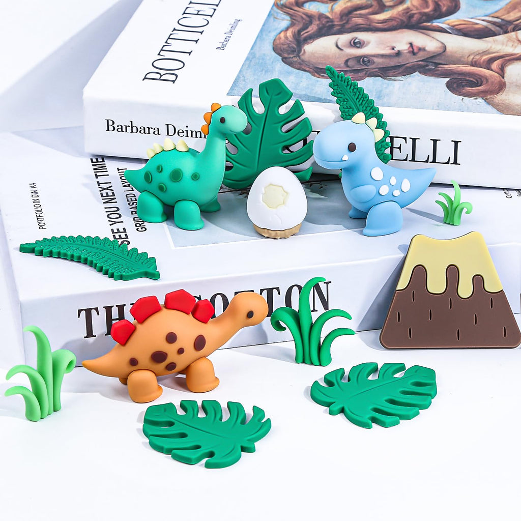 BlingABC 15PCS Cartoon Dinosaur Cake Toppers, Cute Dino Egg Leaves Grass Volcano Cake Decorations for Kids Birthday Baby Shower Dinosaur Animal Theme Party Supplies