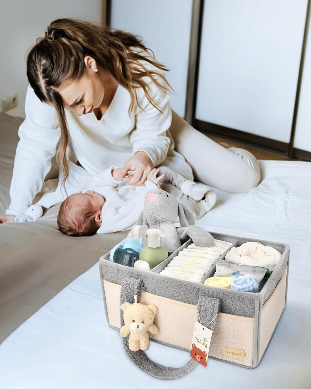 YOSING Diaper Caddy Organizer - Versatile Nursery Storage & Car Travel Solution | Gray & White