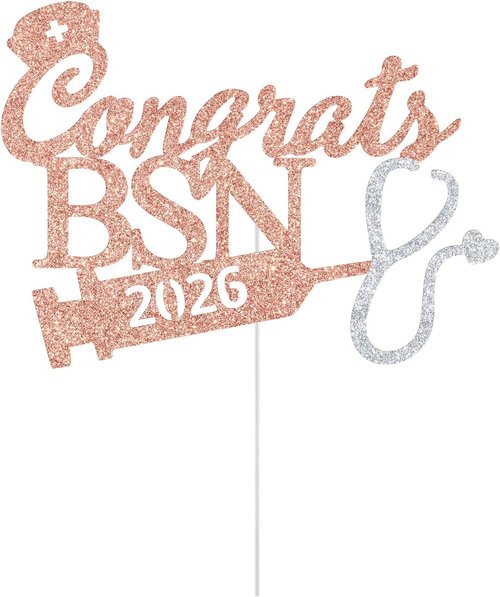 BSN 2026 Cake Topper - Rose Gold Glitter Graduation Decorations for Nurse RN Medical School