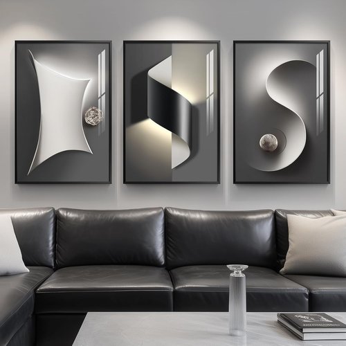 Framed Modern Black and White Abstract Wall Art - Large 3-Piece Luxury Prints for Living Room | 24x36 In