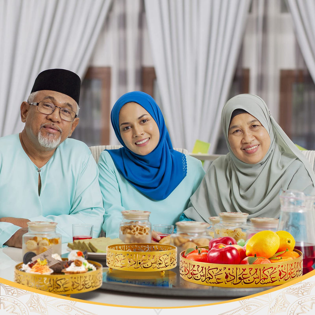 Ramadan Serving Trays - 3 Pieces Iron Gold Round Platter, 3 Sizes Eid Candy Dish, Muslim Pastry Snacks Dessert Holder for Ramadan Mubarak Party Supplies Home Decor
