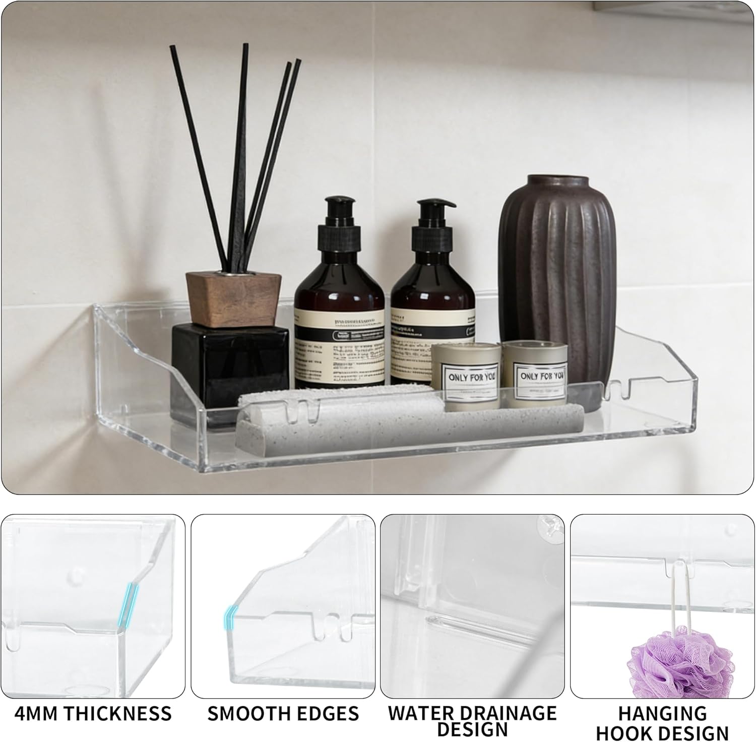 Skiennix Acrylic Wall Shelves - Clear Floating Shelf for Bathroom & Living Room | Easy Adhesive or Screw Installation