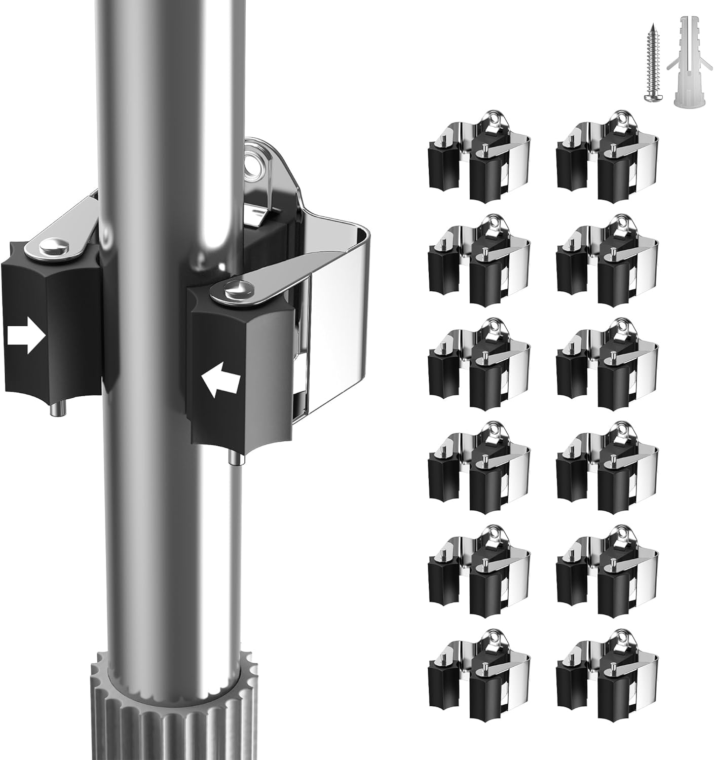 Metal Mop Clips by Broom Holder - 12 Pack Wall-Mounted Grippers with Star-Shaped Rollers for Garden Tool Storage