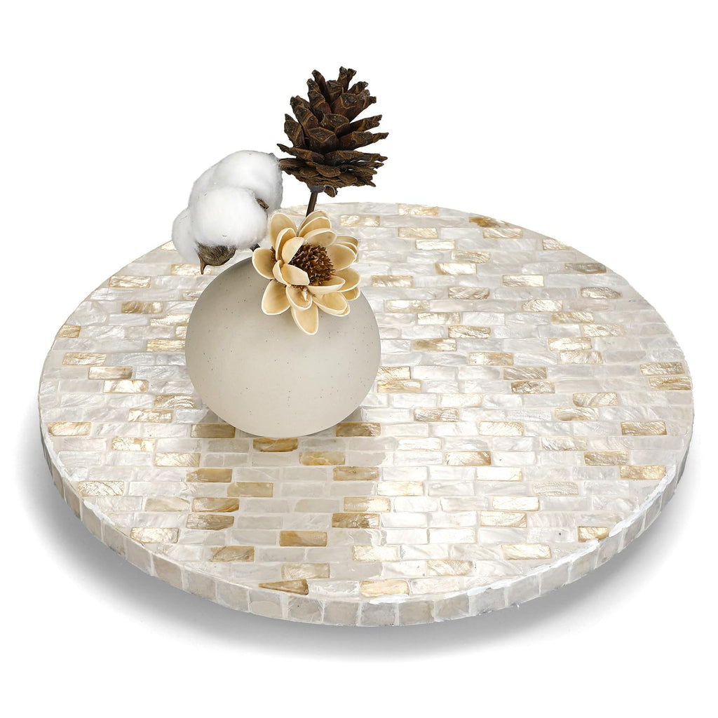 Reallnaive Mother of Pearl Lazy Susan for Table Turntable Organizer Wood Round Spinning Tray Rotating for Kitchen Cabinet Counter Spice Pantry 12 Inch (Marble Pattern)