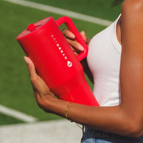 HydroJug Traveler - 40 Oz Insulated Water Bottle with Handle & Flip Straw - Leak Resistant, Fits Cup Holder | Alumni Red