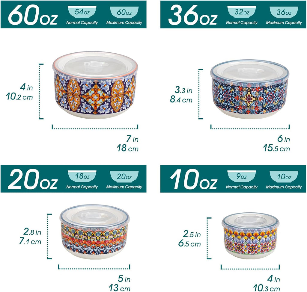 Vancasso Serving Bowls Set of 4 - Ceramic Nesting Mixing Bowls with Lids | Dishwasher & Microwave Safe, 60/36/20/10 OZ