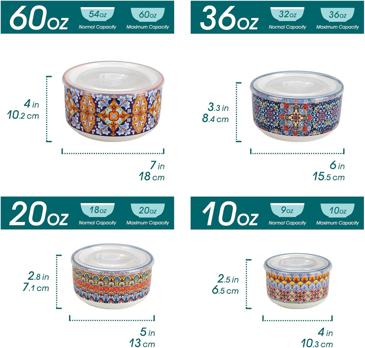 Vancasso Serving Bowls Set of 4 - Ceramic Nesting Mixing Bowls with Lids | Dishwasher & Microwave Safe, 60/36/20/10 OZ