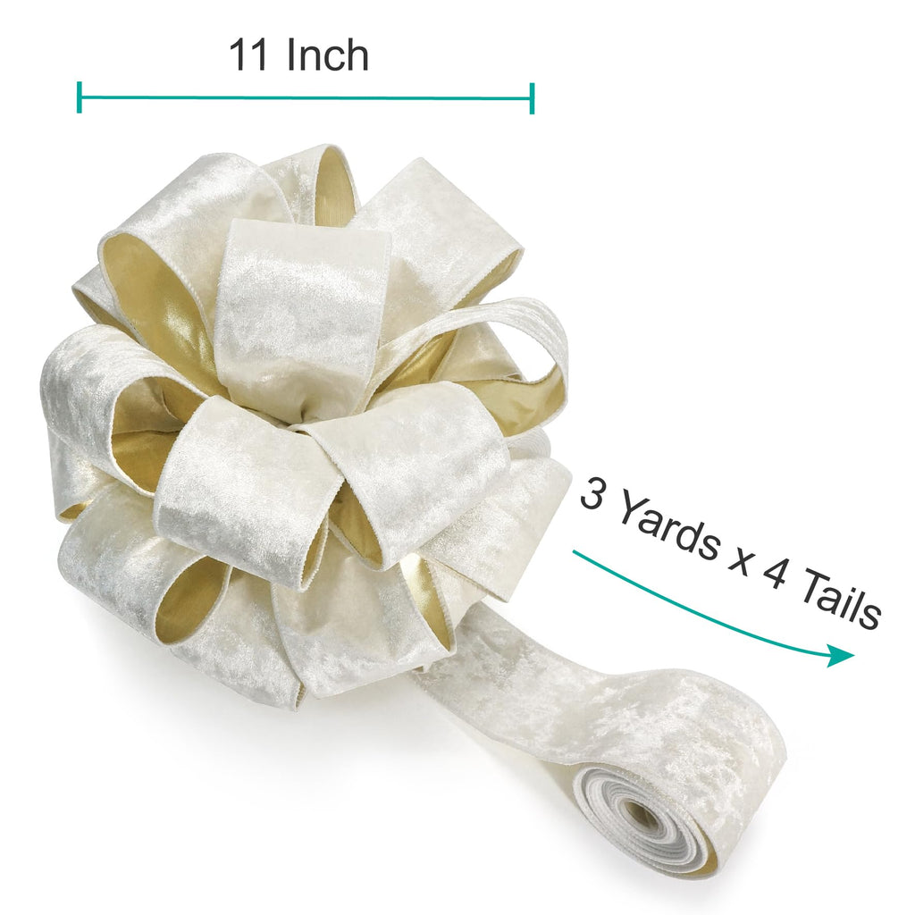CT CRAFT LLC Ivory Velvet Metallic Backing Christmas Tree Topper Bow 11" with 4 Ribbon Streamers x 3 Yards Long Each for Holidy Elegant Fancy Home Décor Indoor