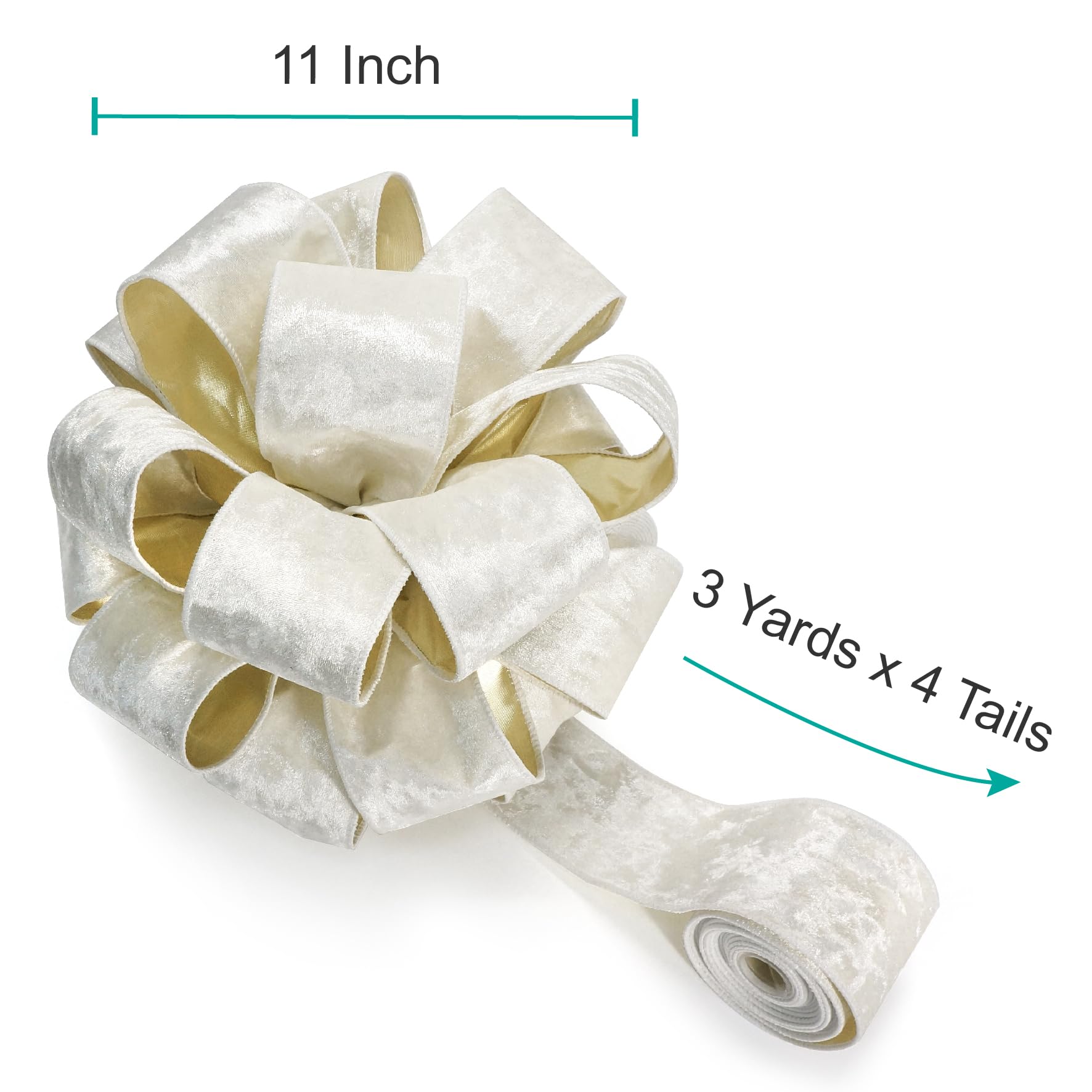 CT CRAFT LLC Ivory Velvet Metallic Backing Christmas Tree Topper Bow 11" with 4 Ribbon Streamers x 3 Yards Long Each for Holidy Elegant Fancy Home Décor Indoor