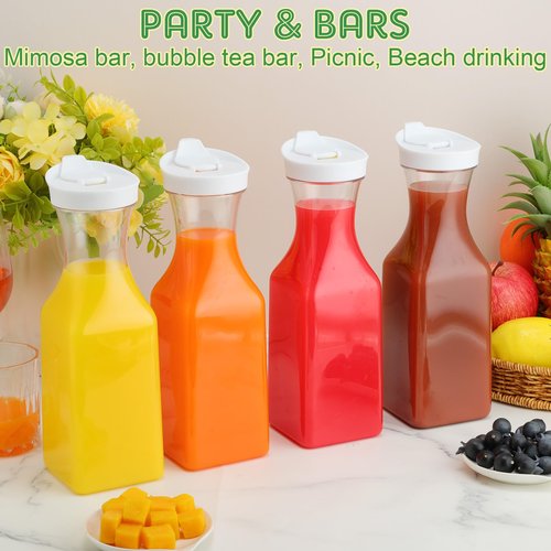 Reallnaive 30 Packs Plastic Carafe with Lids, 34 oz Clear Mimosa Juice Containers, Acrylic Beverage Carafe Pitcher Drink Containers for Fridge Outdoor Iced Tea Juice Party Mimosa Bar (Stylish)