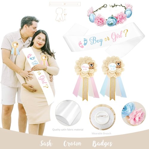 Bear Gender Reveal Decorations, He or She Baby Gender Reveal Party Decoration, Boy or Girl Bear Theme Party Supplies, Backdrop BABY-Box Tablecloth Mom to Be Sash Dad to Be Pin Balloon Arch