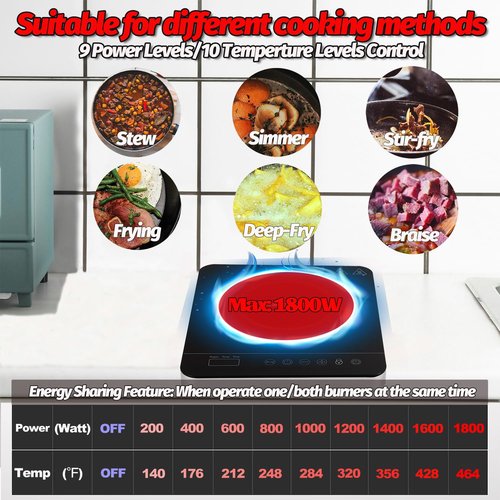 Weceleh Portable Single Induction Cooktop Hot Plate Countertop Burner Cooker 1 Burner, 1800W, 9 Power Levels, 10 Temp Levels, Timer, Auto-Shut-Off, Touch Panel, LED Display, Child Lock, Black