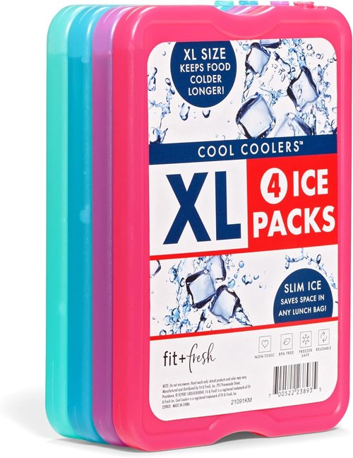 Fit & Fresh Cool Coolers | 4 Pack XL Slim Ice Packs - Quick Freeze, Space-Saving Design for Lunch Boxes & Coolers