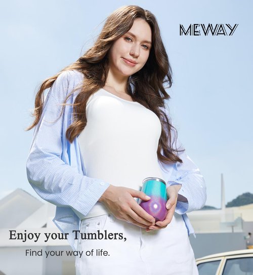 MEWAY Stemless 12oz Insulated Wine Tumbler with Lid and Straw - Double Wall Stainless Steel Thermal Cup for Hot and Cold Drinks, Travel wine glass, Bridal and Baby Shower Game Prizes(Glitter Aurora,1)