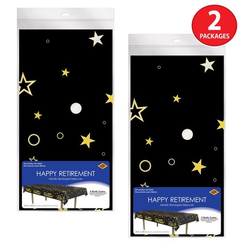 Beistle 2 Piece Metallic Happy Retirement Tablecovers, 54” x 108”, Plastic Party Tablecloths in Black, Gold, Silver