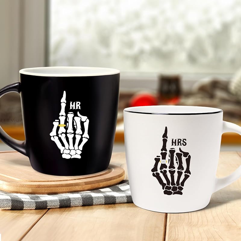 Mr & Mrs Skeleton Hand Coffee Mugs Set of 2 – 11oz Couples Wedding Gift