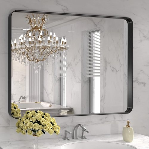 LOAAO Black Metal Framed Bathroom Mirror - 40X30 Inch Rounded Rectangle, Anti-Rust Tempered Glass, Versatile Hang