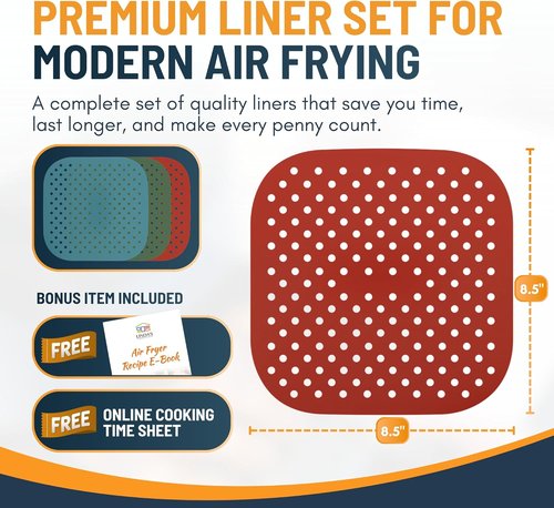 Linda’s Essentials Reusable Square Silicone Air Fryer Liners - Non-Stick, Easy-Clean 8.5 Inch (3 Pack) with Cheat Sheet & Recipe Book