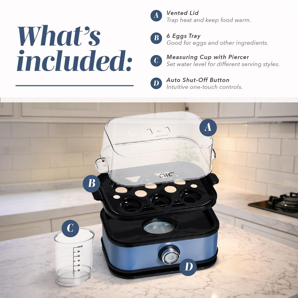 COOK WITH COLOR 6-Egg Capacity Egg Cooker – For Soft, Medium, Or Hard-Boiled Eggs, Rapid Cook Time, Auto Shut-Off & Boil-Dry Protection – Includes Tray, Measuring Cup & Lid – 210W Egg Maker, Navy