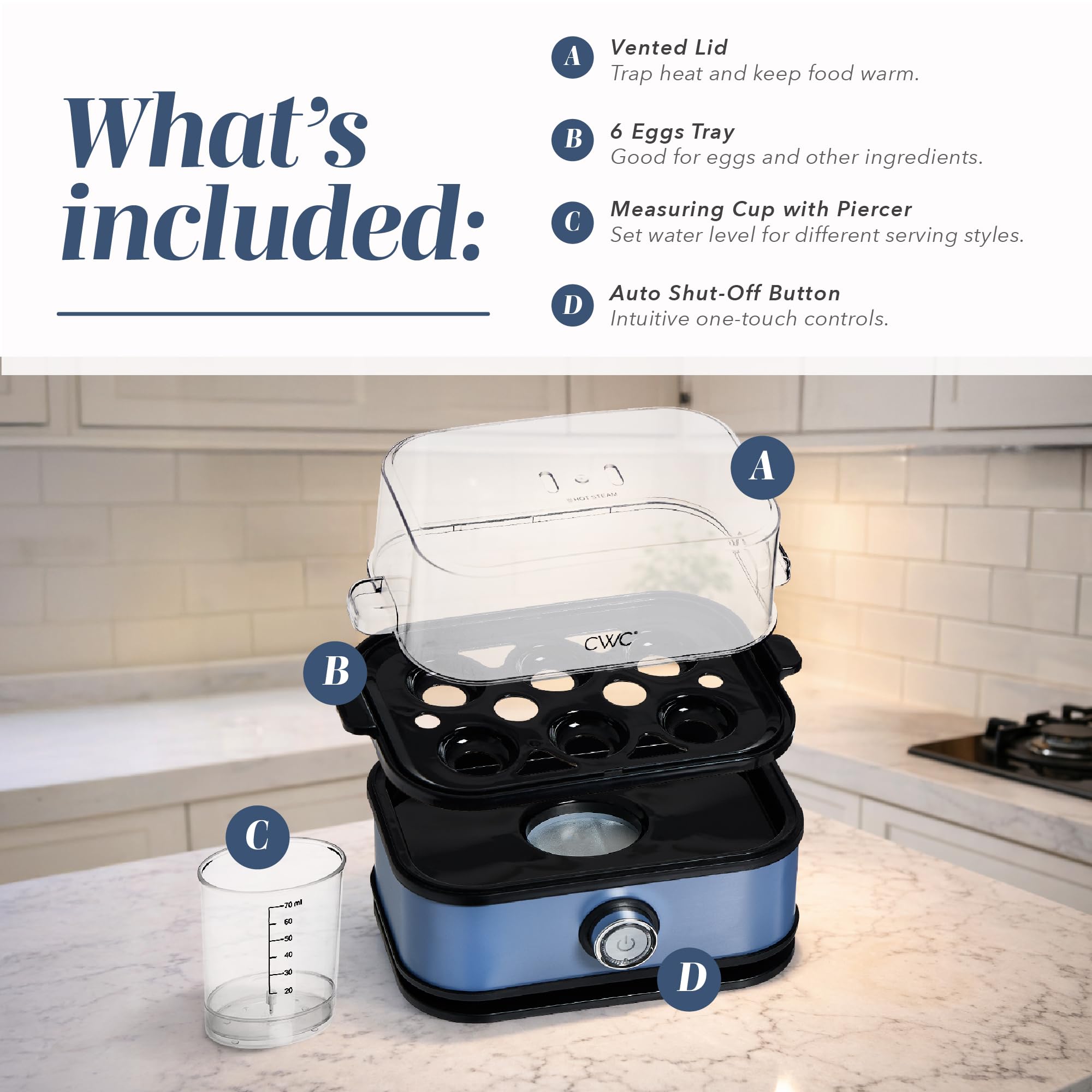COOK WITH COLOR 6-Egg Capacity Egg Cooker – For Soft, Medium, Or Hard-Boiled Eggs, Rapid Cook Time, Auto Shut-Off & Boil-Dry Protection – Includes Tray, Measuring Cup & Lid – 210W Egg Maker, Navy