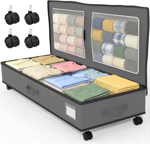 GoMaihe Under Bed Storage - 70L Rolling Bins for Wrapping Paper, Toys & Clothes | Includes Mesh Bag & Adjustable Dividers - Grey