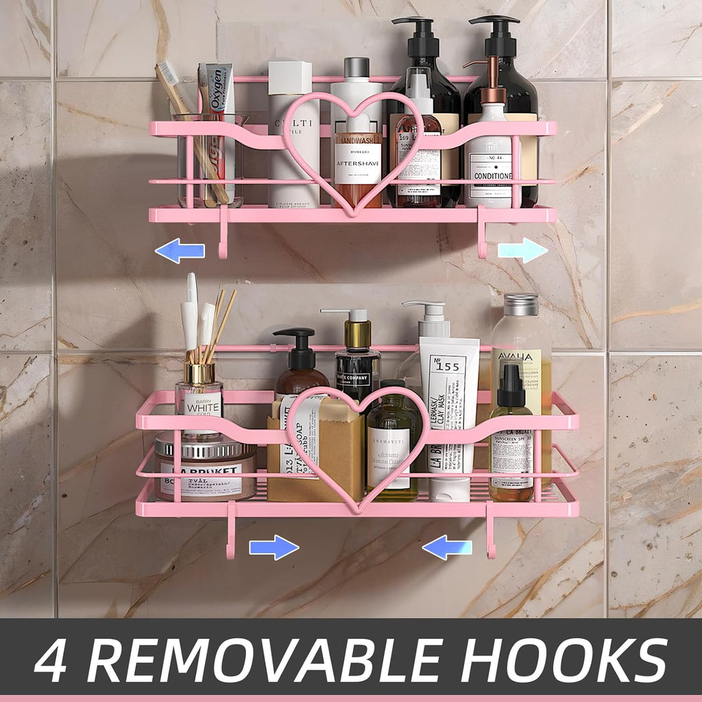 Skiennix Pink Shower Caddy - 4 Removable Hooks & No-Drill Adhesive Organizer | 2-Pack Shelves for Bathroom & Kitchen