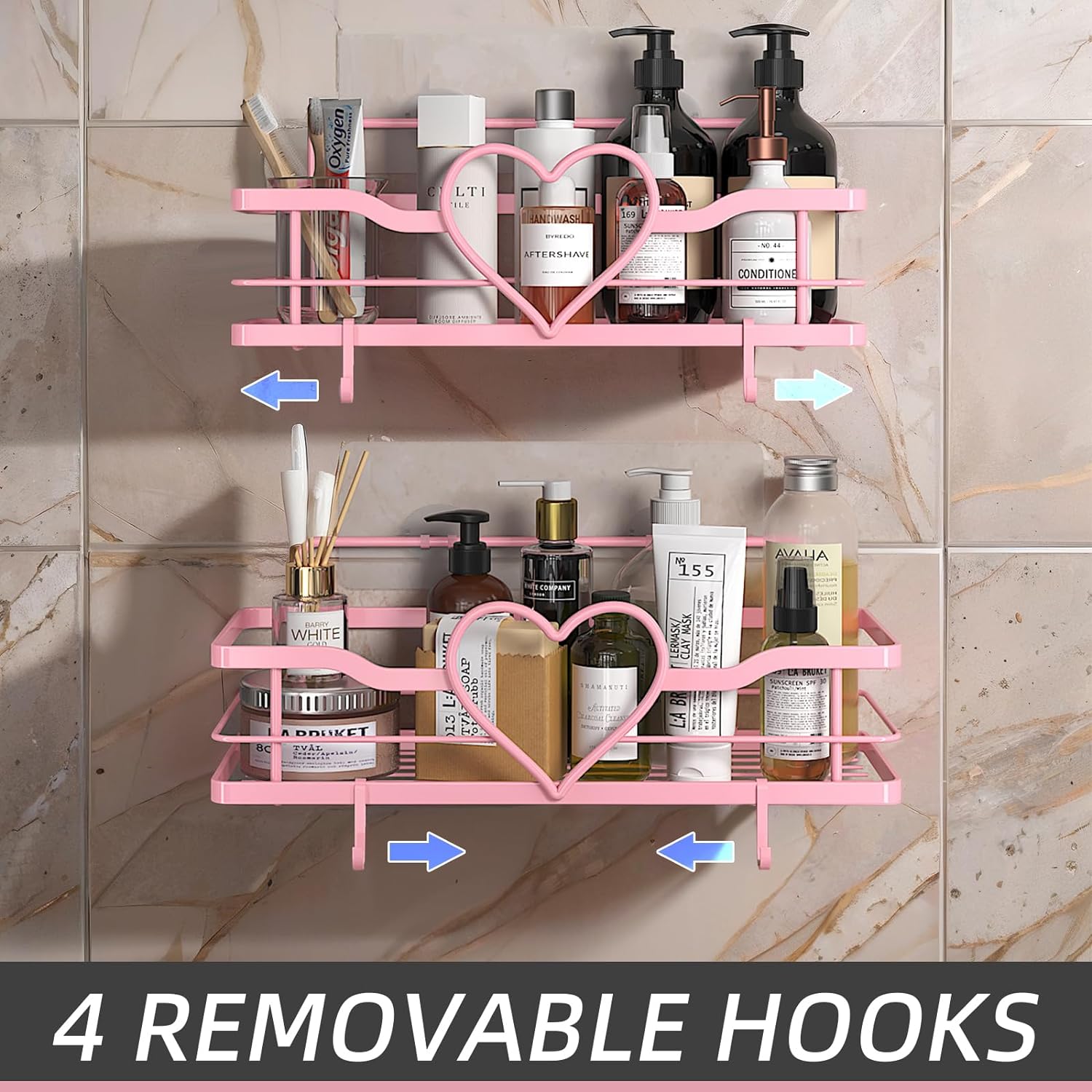 Skiennix Pink Shower Caddy - 4 Removable Hooks & No-Drill Adhesive Organizer | 2-Pack Shelves for Bathroom & Kitchen