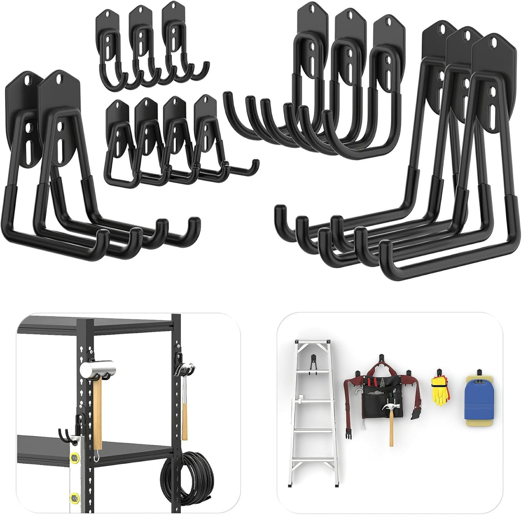 TORACK 15 PCS Garage Storage System Hooks - Wall Mount Utility Hooks for Tools, Ladders & More (Black)