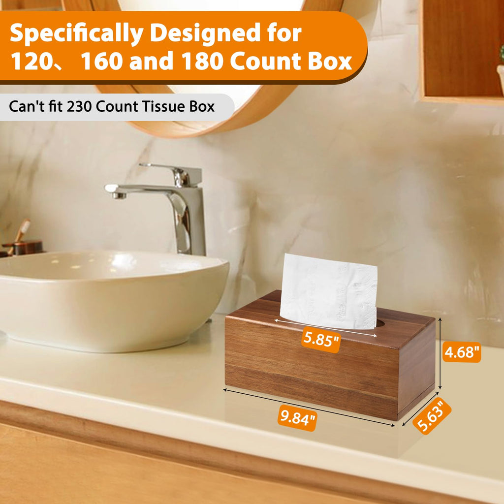 2 Pack Wood Tissue Box Cover Rectangular- Acacia Wood Rectangle Wooden Tissue Box Holder for Tabletop Night Stands Bathroom Office - Decorative Facial Cube Tissue Box Cover for Modern Farmhouse Decor