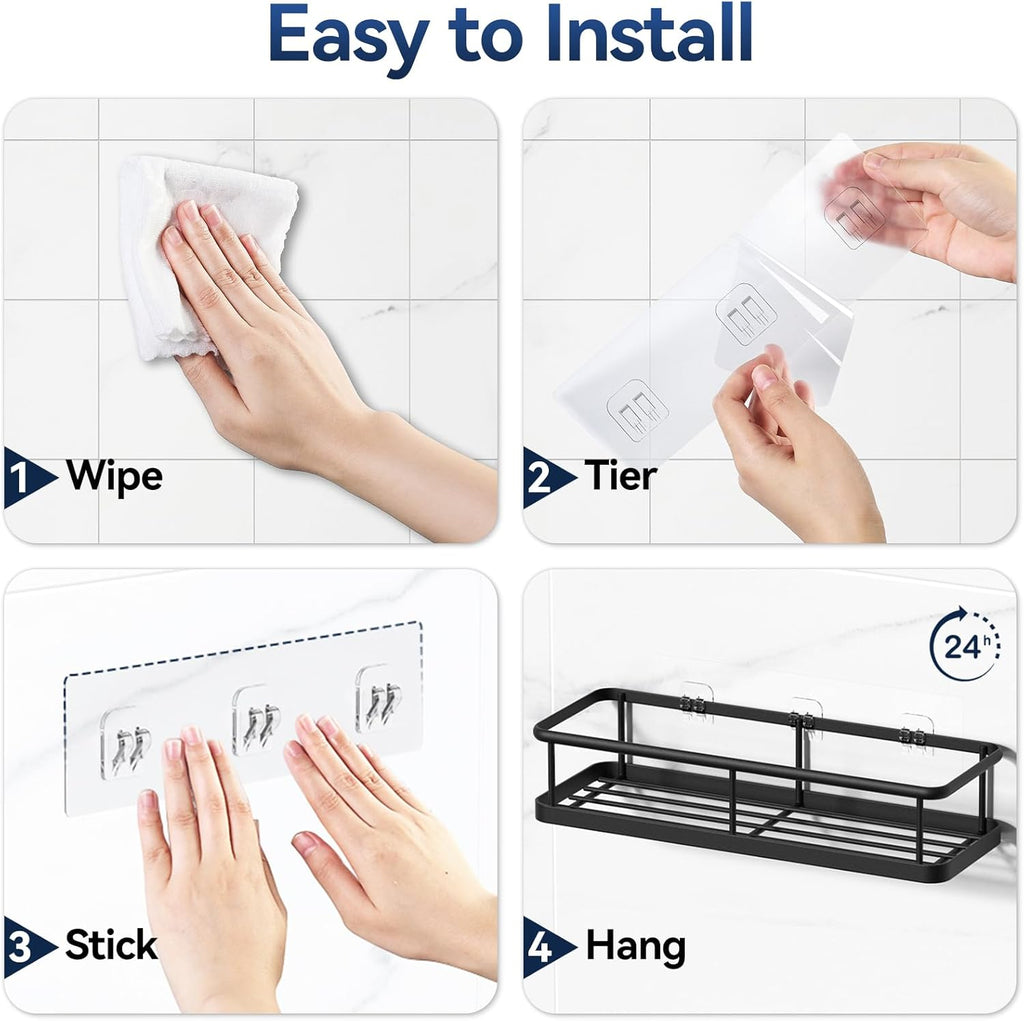 YASONIC Shower Caddy - No Drill Adhesive Bathroom Organizer with Removable Hooks & Soap Holder | 3 Pack, Black
