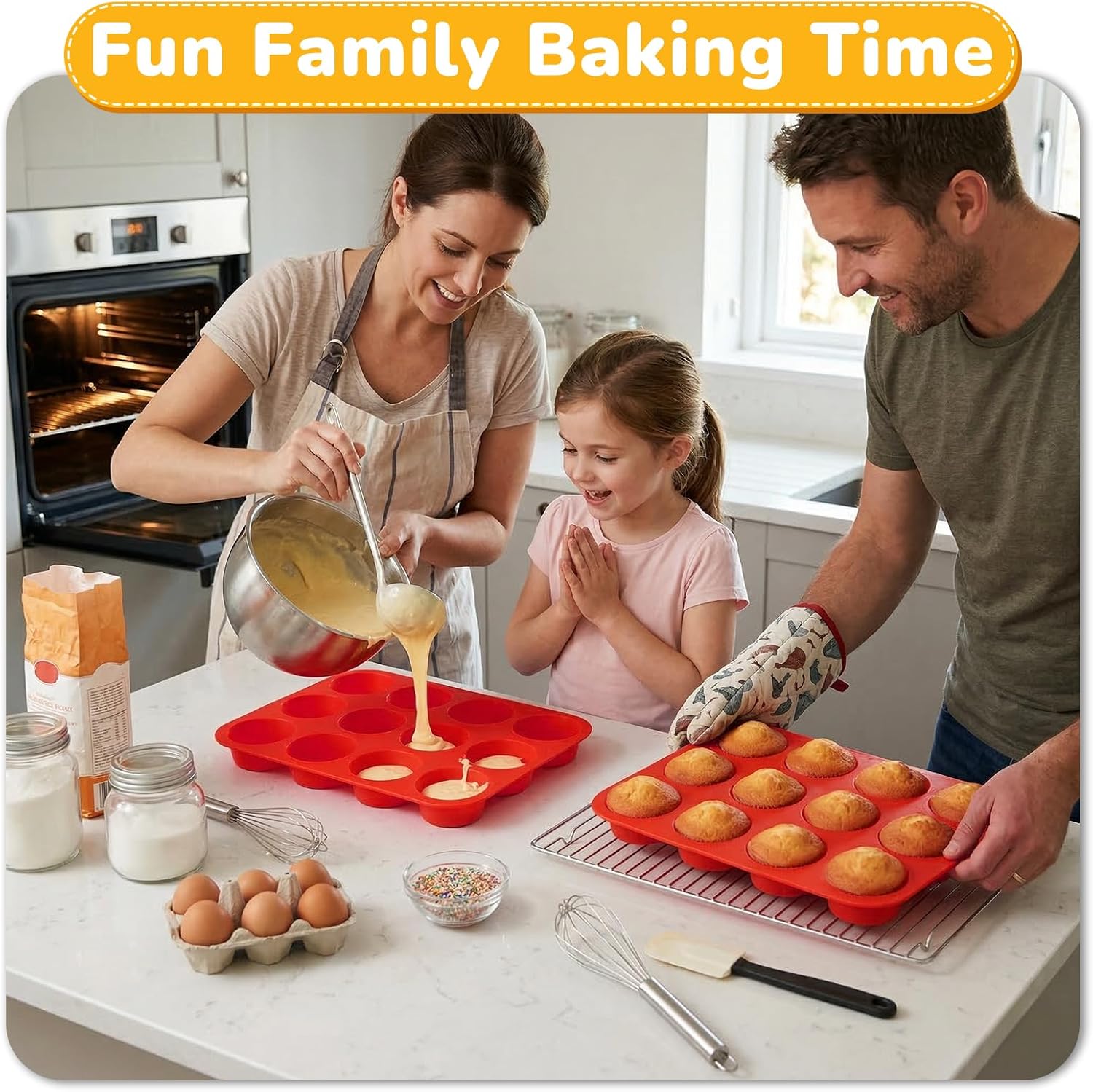 Skiennix Silicone Cupcake Pan - Nonstick 12-Cup Baking Mold | Durable, Flexible & Easy to Clean - Red
