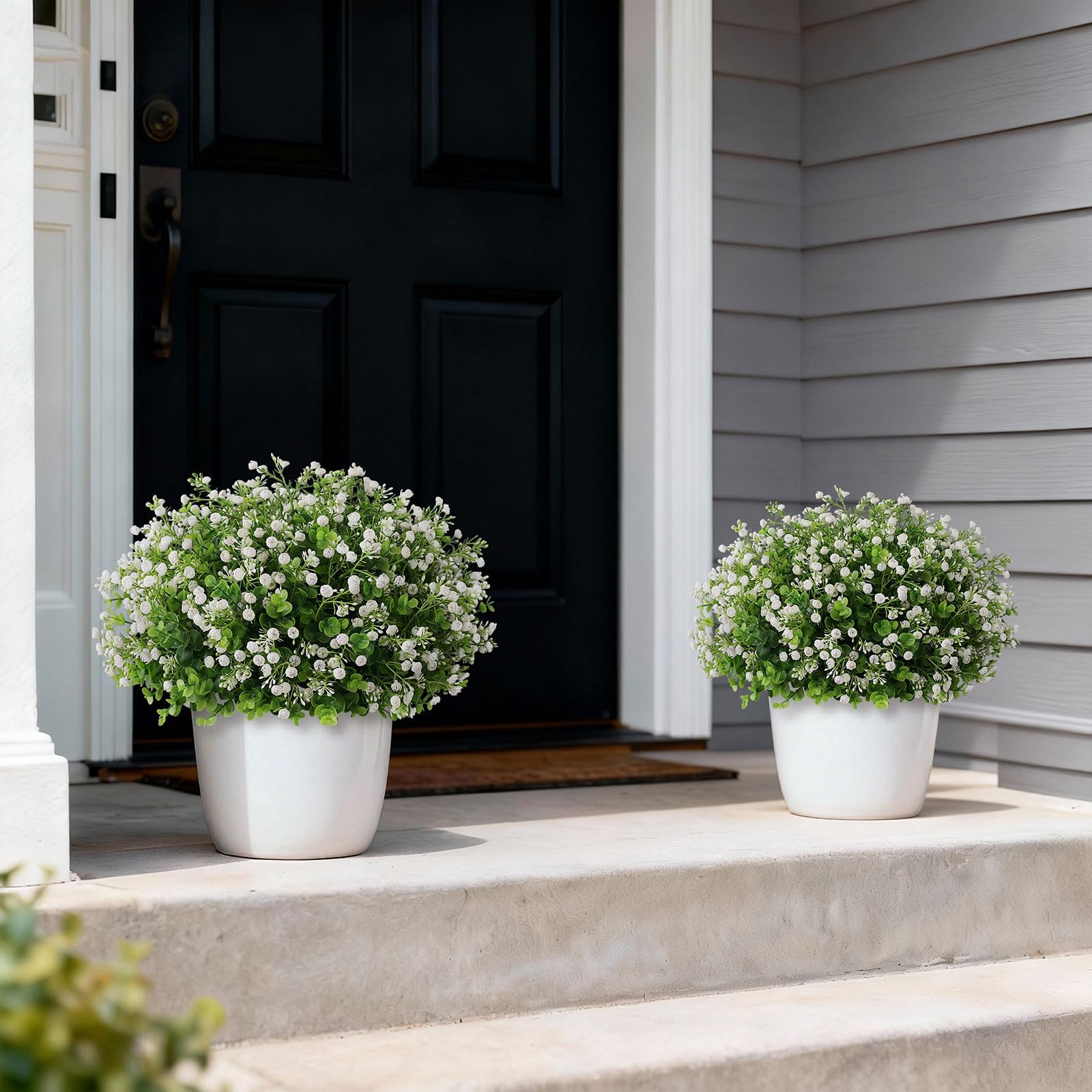 Artificial Eucalyptus with Baby's Breath Topiary Ball Trees - 2 Set Plastic Faux Eucalyptus Plants in Pot, Sun Resistant Fake Greenery Potted Bushes for Front Door Farmhouse Garden Porch Decor