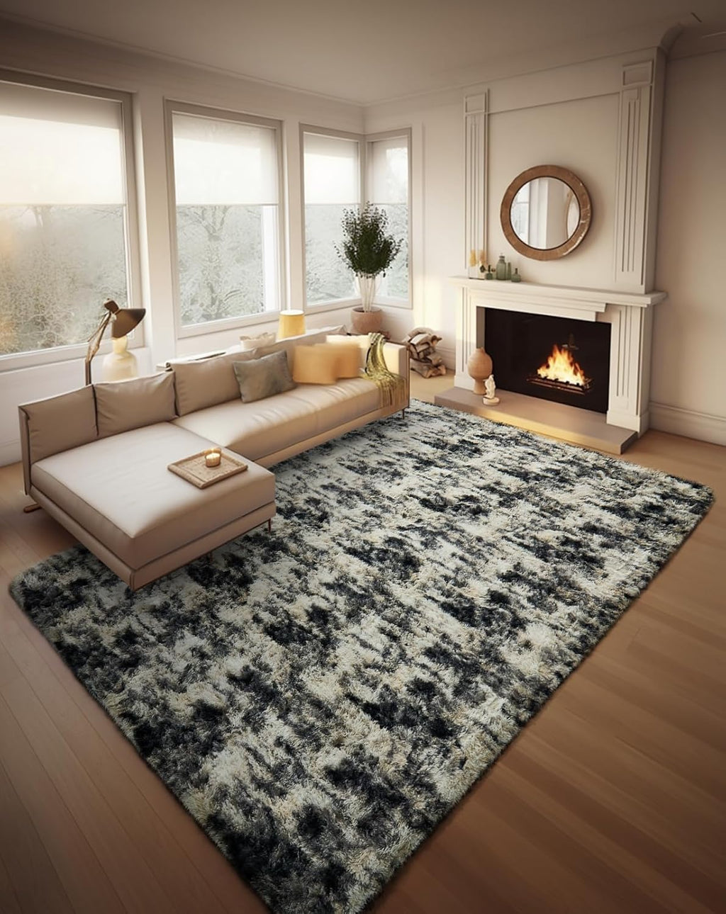 Ophanie Area Rug - Fluffy Black, Gold & Grey Shag Carpet for Living Room | 8x10 Soft Plush Design