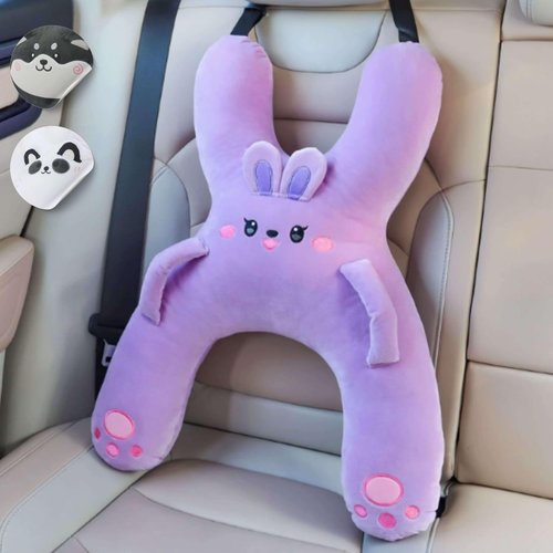 FOMO Finds Kids Car Sleeping Pillow - X-Shaped Plush Animal for Neck & Back Support - Hands & Seat Belt Slot - Machine Washable & Compressible - Perfect for Car, Plane, Train, Boat & More - Purple