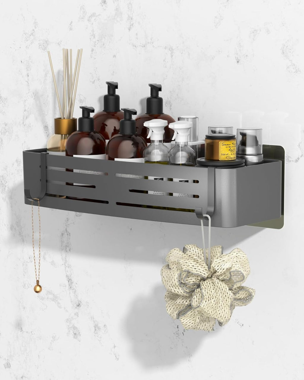Onemake Shower Caddy - Rustproof Aluminum Bathroom Organizer with Removable Hooks | Grey