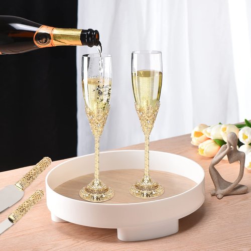 Jozen Gift Champagne Flutes-Set of 2 Champagne glasses, Crystal Glasses&Metal Base, Toasting Flute Pair, Wedding Anniversary, Party,Birthday,Banquets,Gifts for Bride and Groom 6 oz-Gold