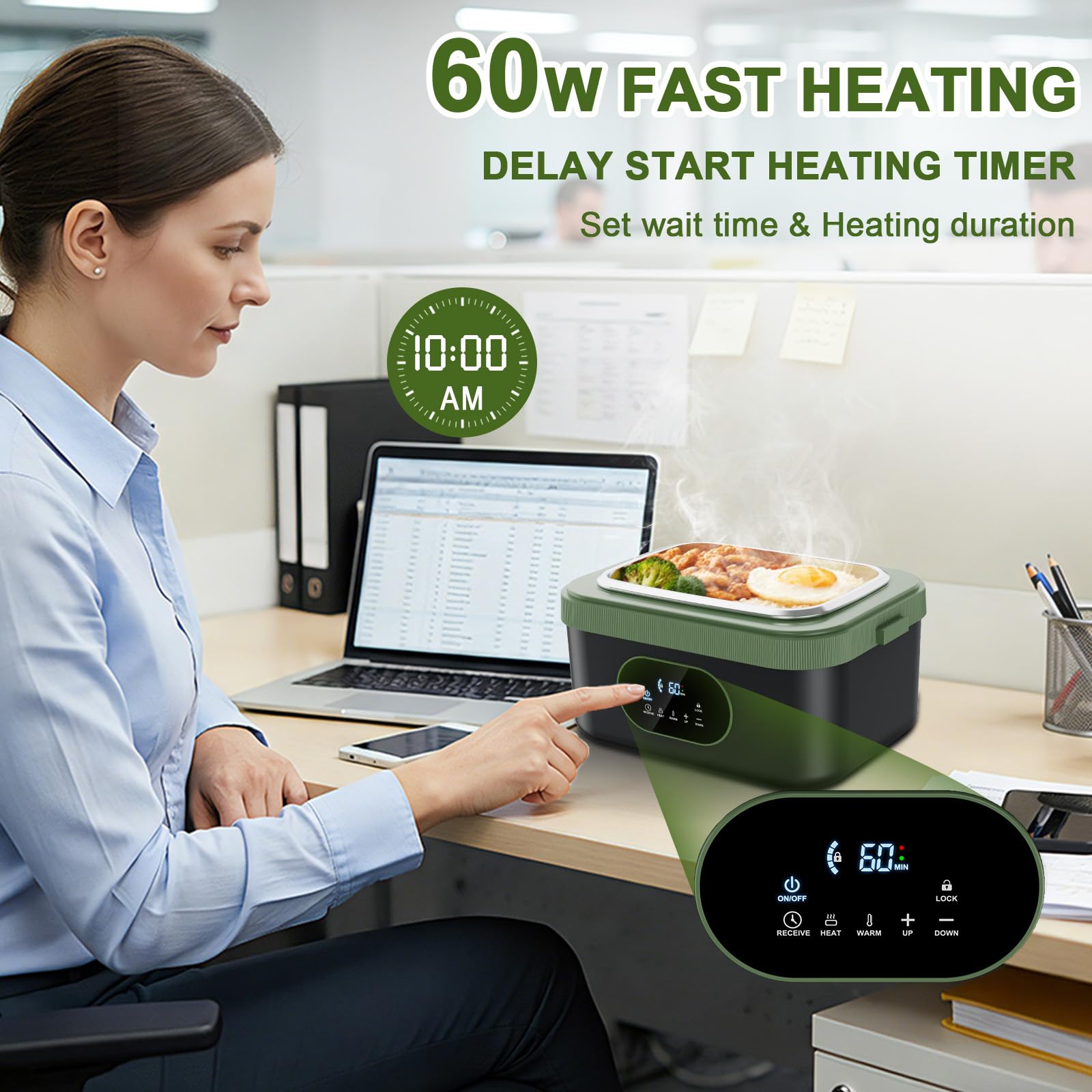 Snidomn Cordless Electric Lunch Box XL 6.3-Cup, 60W Fast Heating Portable Food Warmer with Scheduled Heating, Removable Divider, Large Capacity Heated Lunch Box for Work & Outdoor