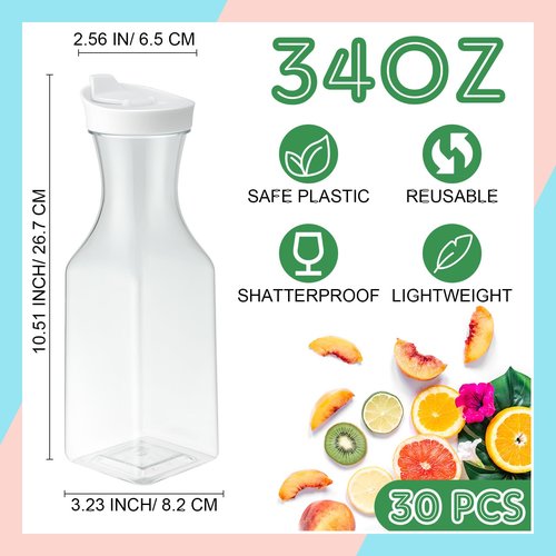 Reallnaive 30 Packs Plastic Carafe with Lids, 34 oz Clear Mimosa Juice Containers, Acrylic Beverage Carafe Pitcher Drink Containers for Fridge Outdoor Iced Tea Juice Party Mimosa Bar (Stylish)