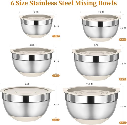 Fyrnova Mixing Bowls Set - 6-Piece Stainless Steel Nesting Bowls with Lids & Grater Attachments | Non-Slip Bottoms