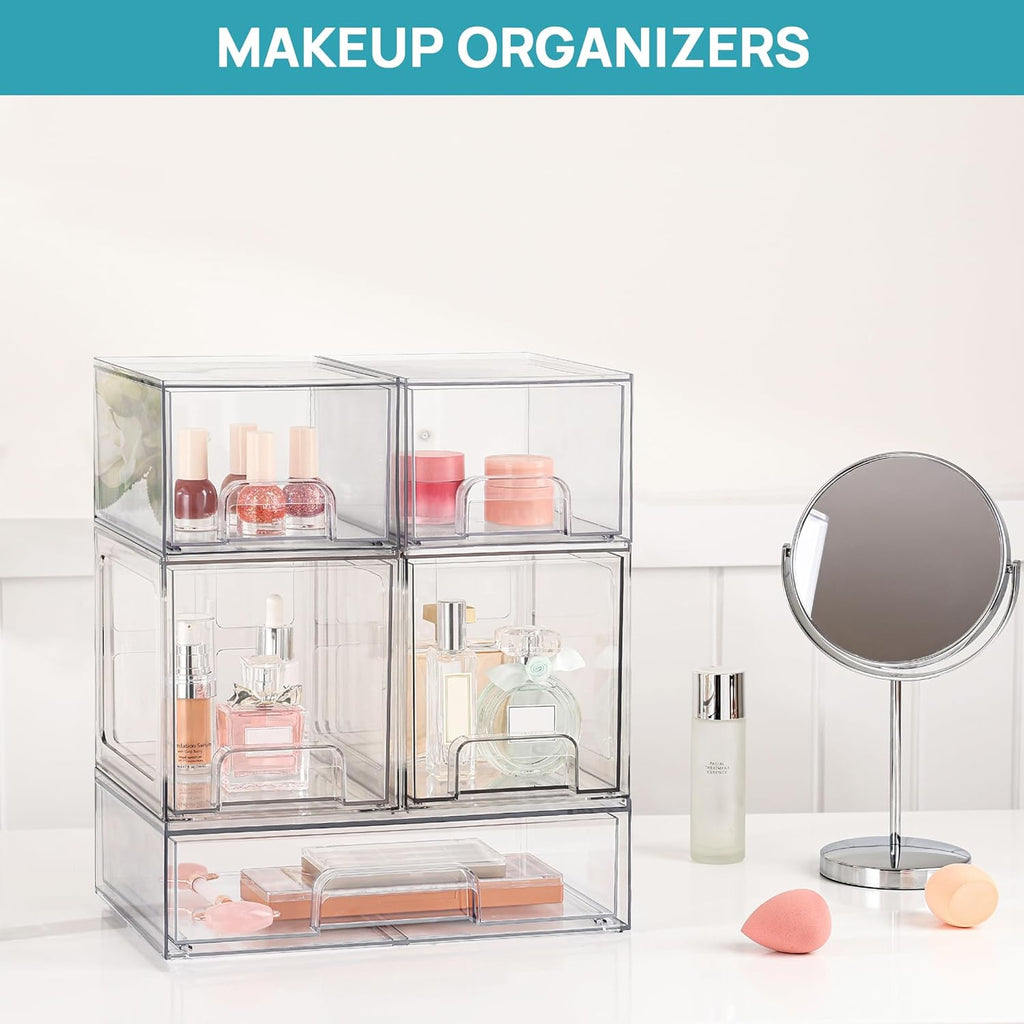 Vtopmart Stackable Storage Drawers - 4 Pack Clear Acrylic Organizers for Bathroom & Kitchen | 6.6'' Tall