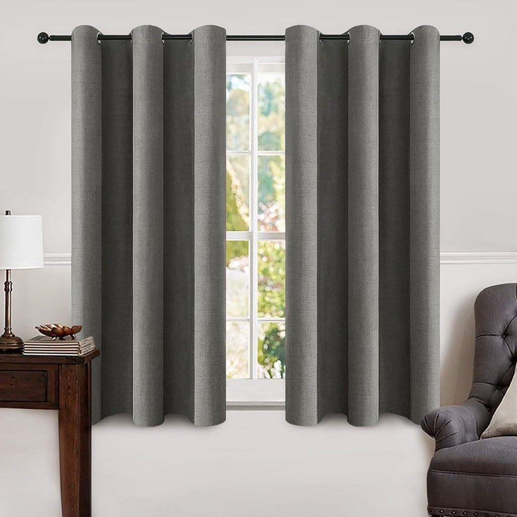 MIULEE Linen Blackout Curtains - 100% Room Darkening Thermal Insulated Grommet Panels | Dark Grey, 42" x 63" (2 PCs)