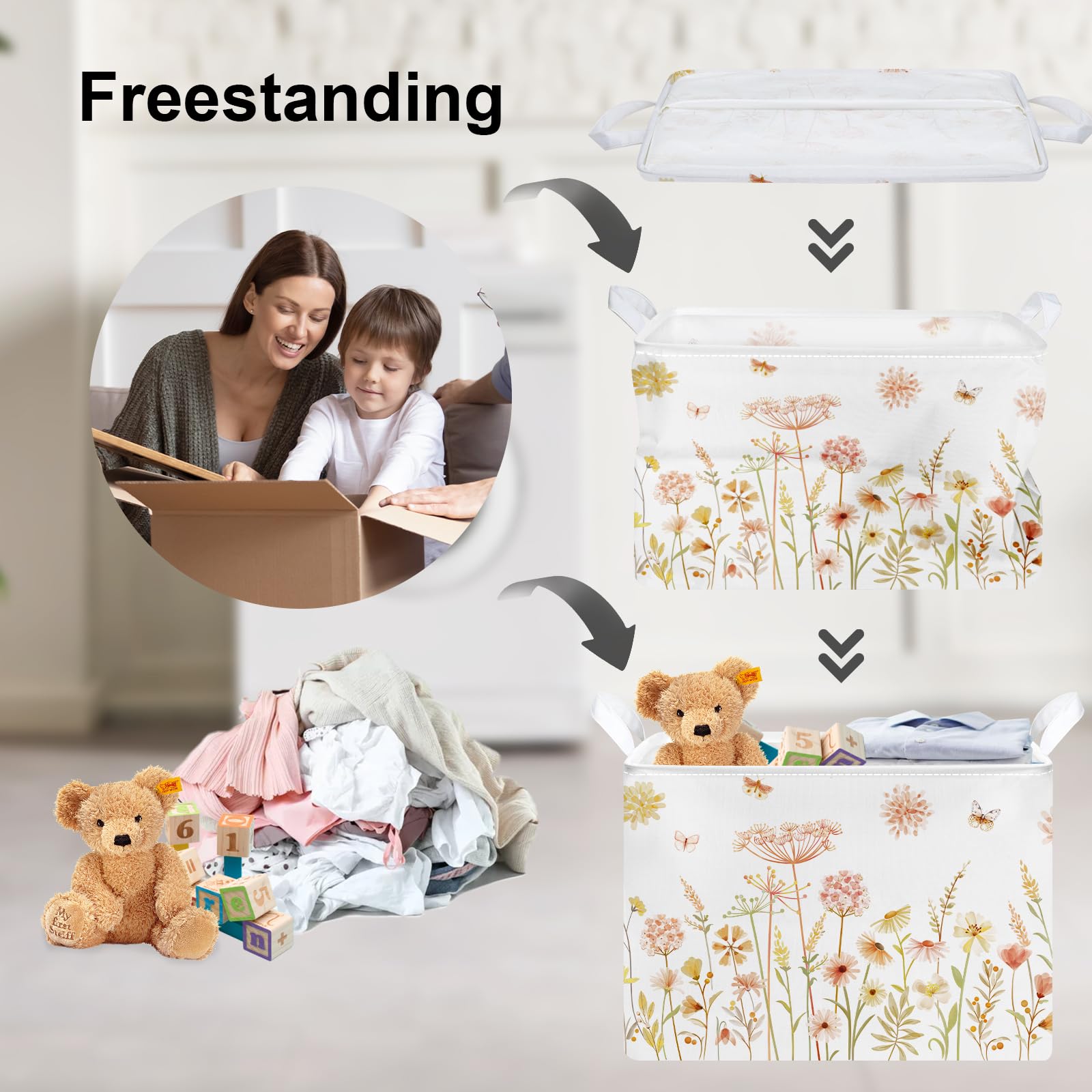 Clastyle Boho Flower Nursery Bin Spring Summer Wildflower Floral Dandelion Plant Butterfly Baby Girl Gift Basket Rectangle Clothes Towel Basket Book Toy Chest