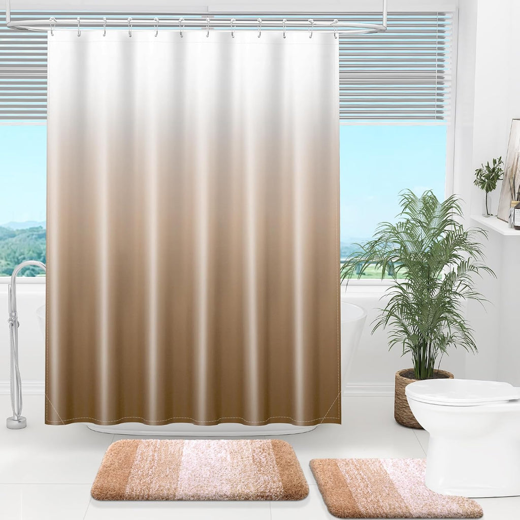 OLANLY Luxury Ombre Shower Curtain Set - Waterproof & Washable Beige/White | 72x72 Inches with 12 Hooks