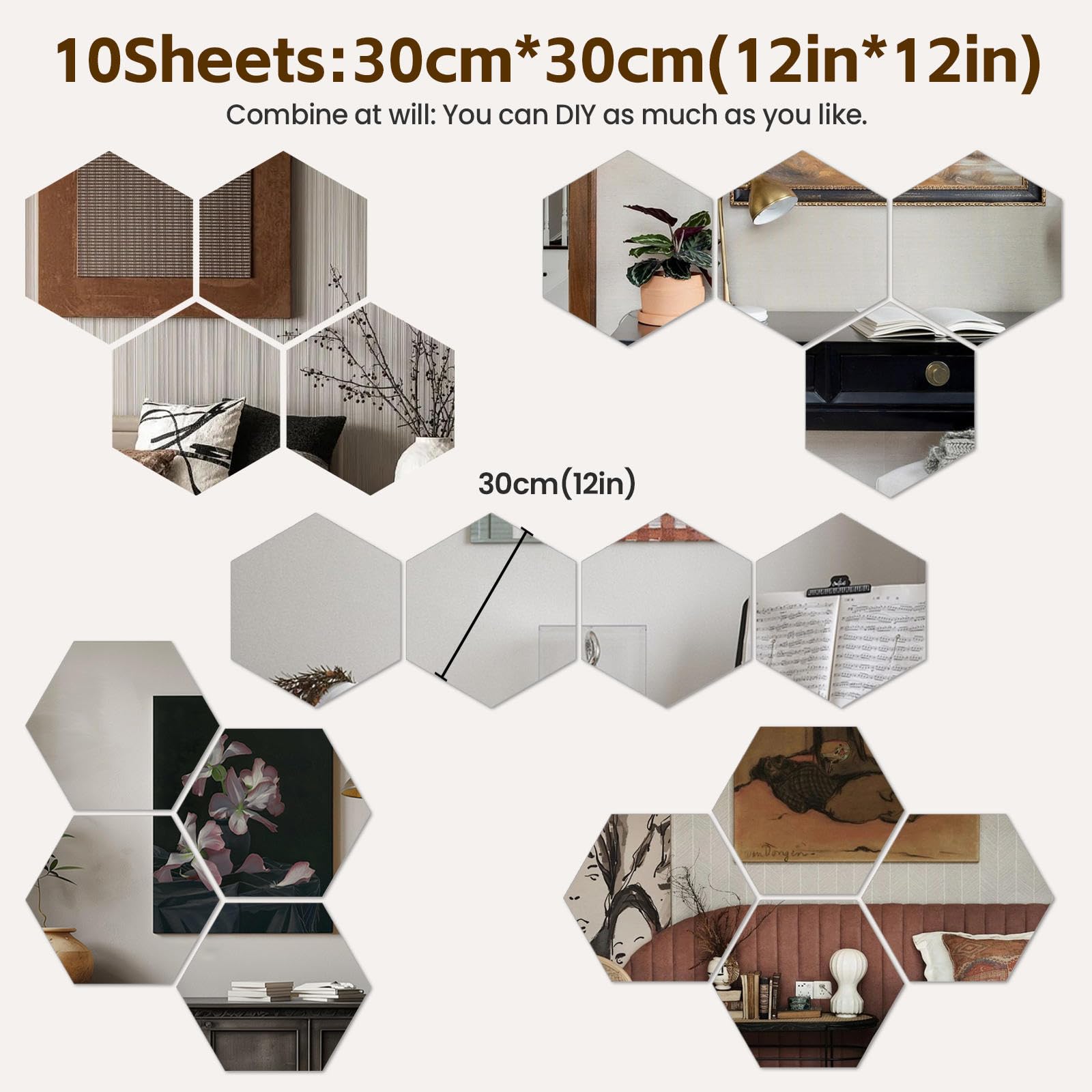 Abyssaly Hexagon Mirror Stickers for Walls 4 Pack 11.8''x11.8'' Self Adhesive Flexible Acrylic Wall Mirrors Decorative Peel and Stick Mirror Tiles 2mm Thick Stick on Mirrors for Wall Door Locker