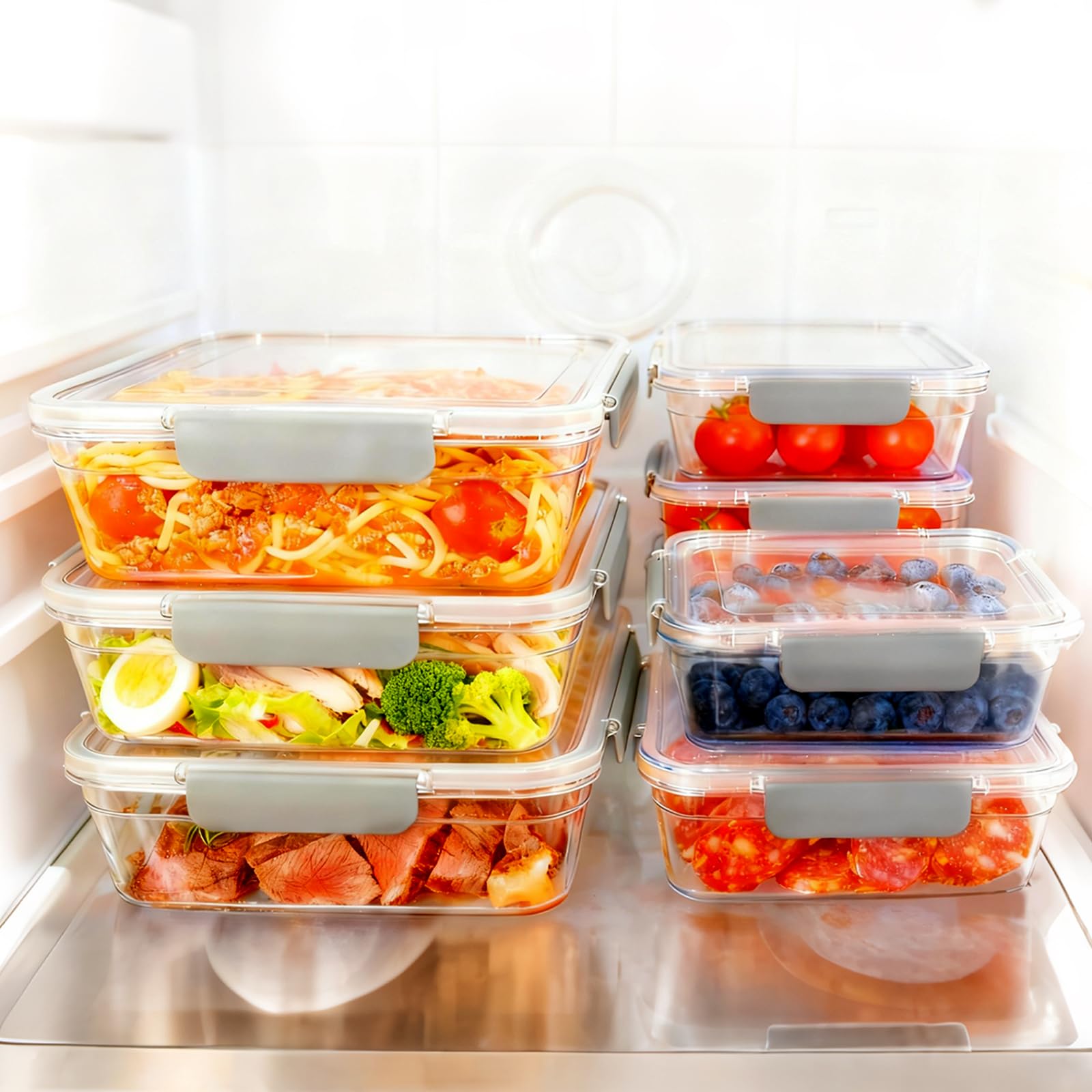 HOME BREEZE 2.8L Tritan Plastic Food Storage Containers, Airtight Tritan Plastic Locking for Fridge Freezer, Meal Prep, Deli Meat, Snacks, 8 Containers with Lids, 16 pieces, Extra Large, Clear